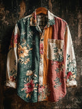 Vintage Floral Color Blocking Men's Linen Long Sleeve Shirt elevenforest