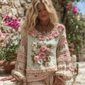 Women's Boho Floral Chunky Knit Crew Neck Colorblock Sweater elevenforest