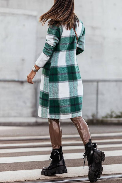 Mid Length Double Breasted Plaid Print Woolen Coat