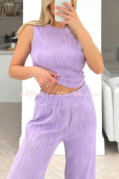 Color Water Wave Crew Neck Tank Top and Elastic Waist Straight Pants Set