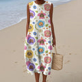 Comstylish Women's Cute Dogs And Floral Print Linen Blend Tank Midi Dress