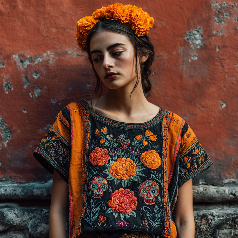 Day Of The Dead Sugar Skulls Marigolds Floral Embroidered Contrast Linen Shirt elevenforest