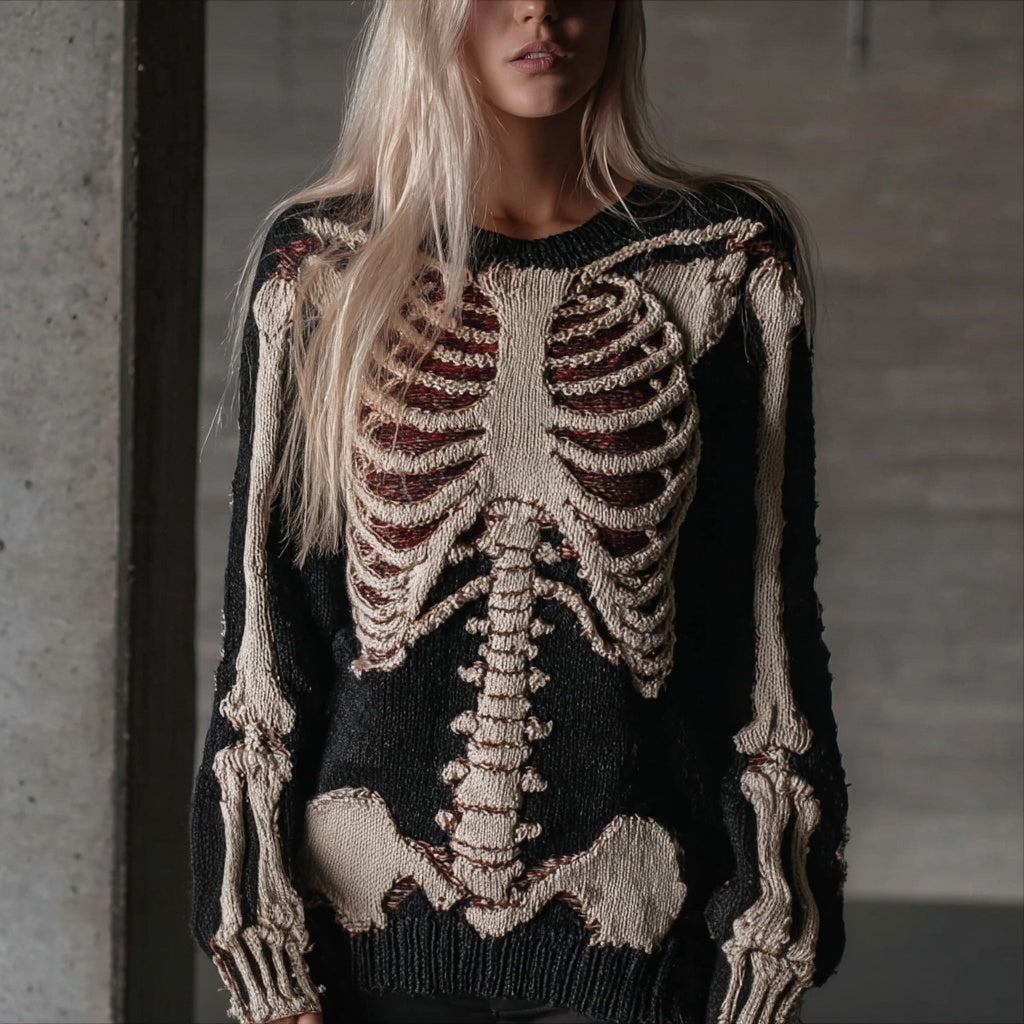 Comstylish Vintage Halloween Skeleton Art Knit Comfy Sweater