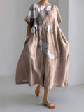 Japanese Art Flower Print Short Sleeve Casual Midi Dress