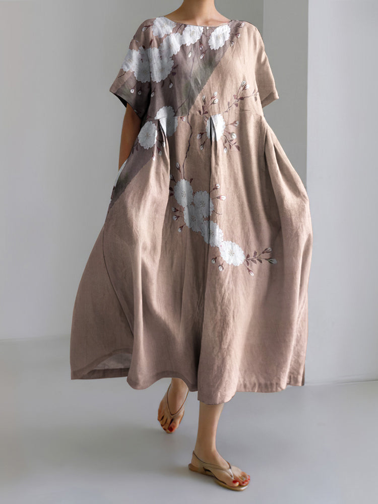 Japanese Art Flower Print Short Sleeve Casual Midi Dress
