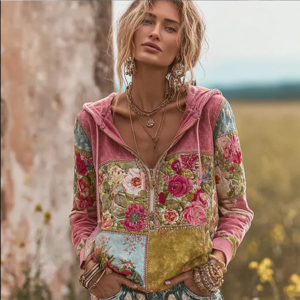 Bohemian Style Vintage Flower Patchwork Hoodie elevenforest