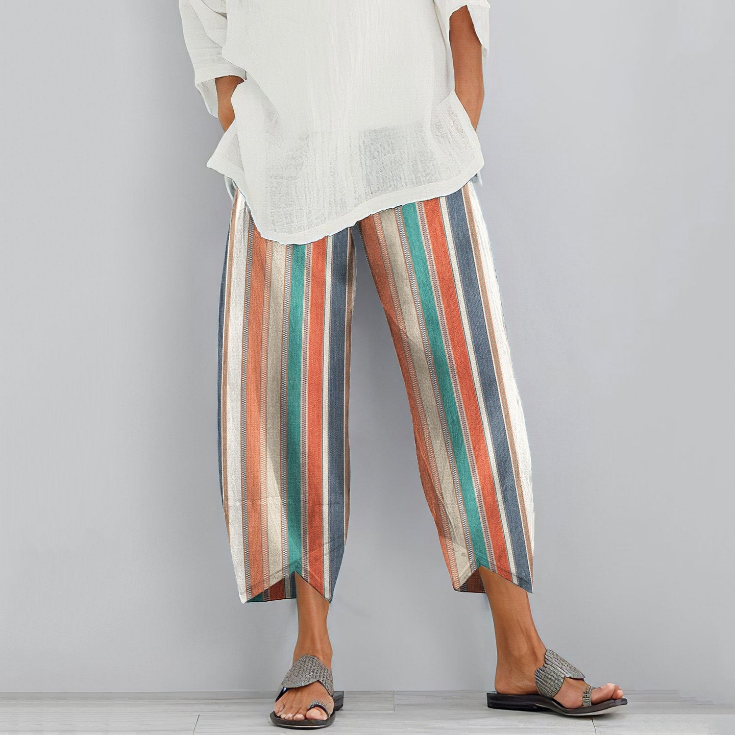 Vintage Color Block Stripes Cotton And Linen Pants elevenforest