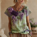 Vintage  Boho Purple Floral Embroidered Linen Short Sleeve T-shirt elevenforest