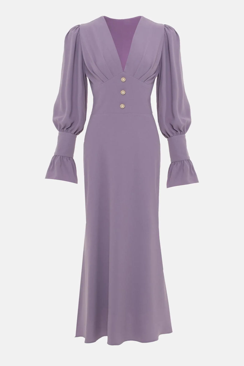 V-neck Lantern Sleeve Midi Dress