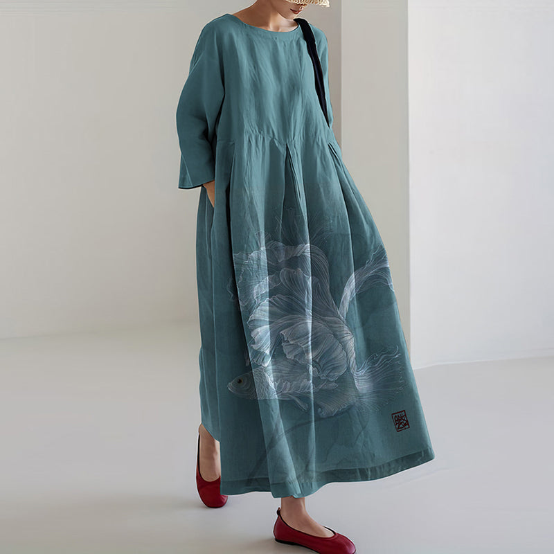 Women Fish Printed Linen Blend Maxi Dress elevenforest