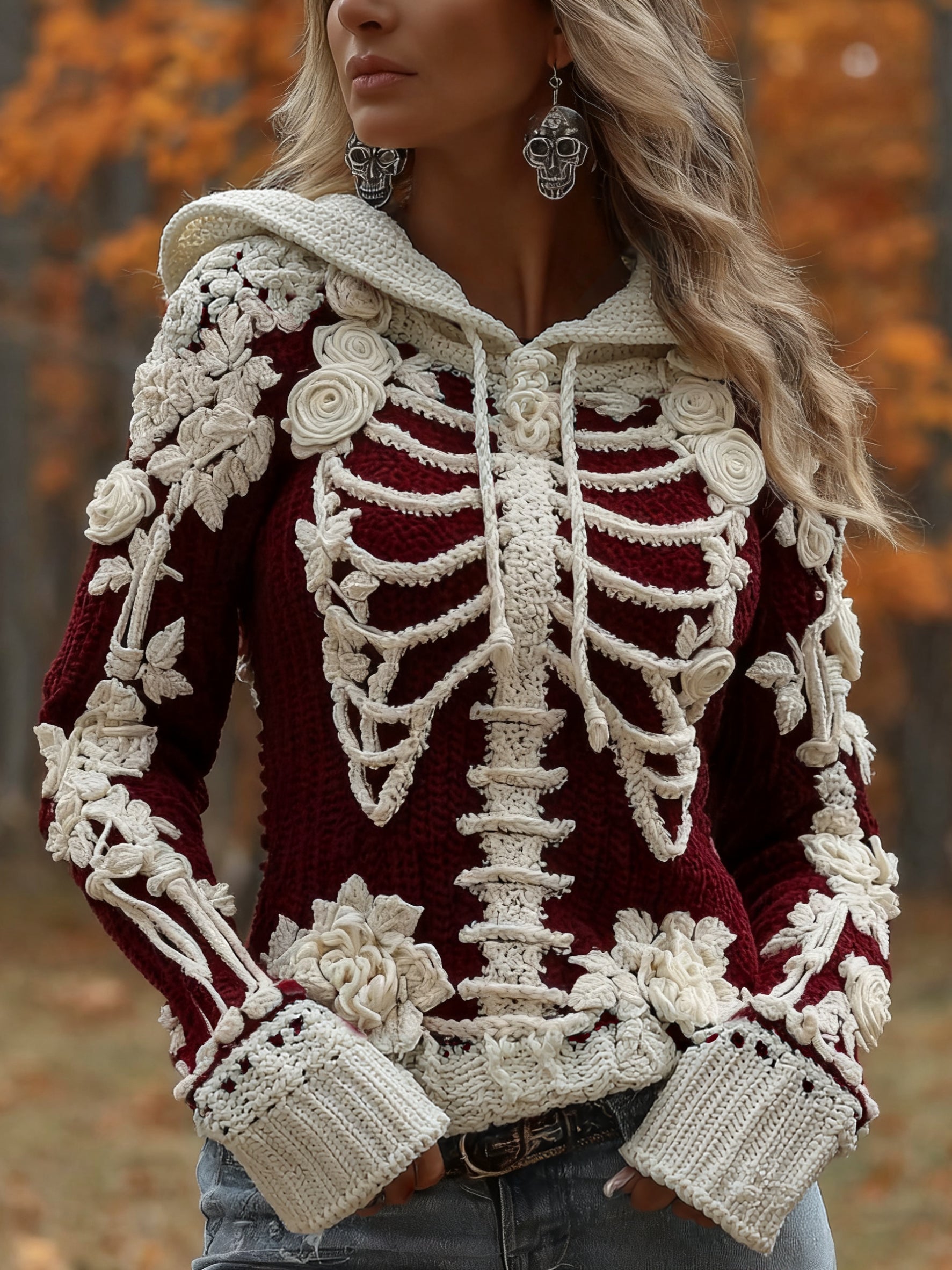 Women's Halloween Skeleton Bones With Roses Art Knitted Warm Hooded Sweater artswardrobe