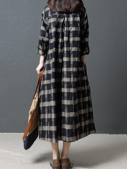 Loose Plaid Ramie Cotton Blouse Midi Dresses