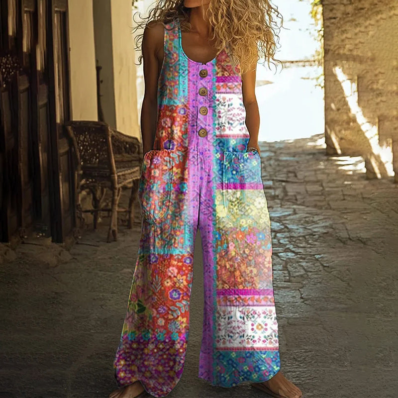 Women's Floral Patchwork Pattern Art Print Casual Jumpsuit elevenforest