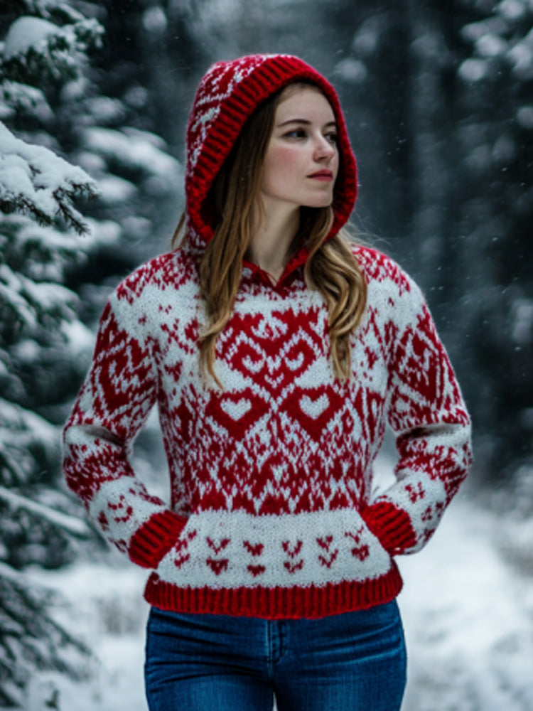 Women's Vintage Viking Valentine's Day Love Jacquard Hooded Sweater elevenforest