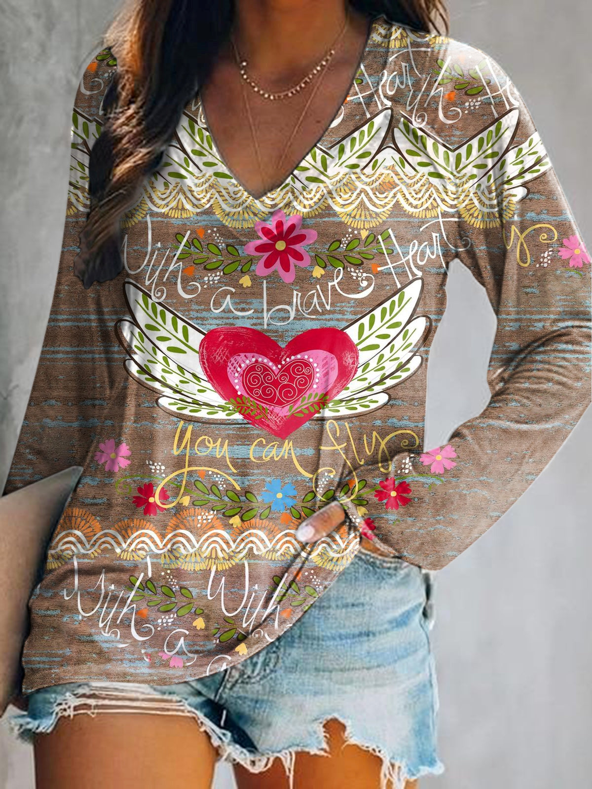 Women's Wings Heart Floral Art Print V-Neck Long Sleeve Top