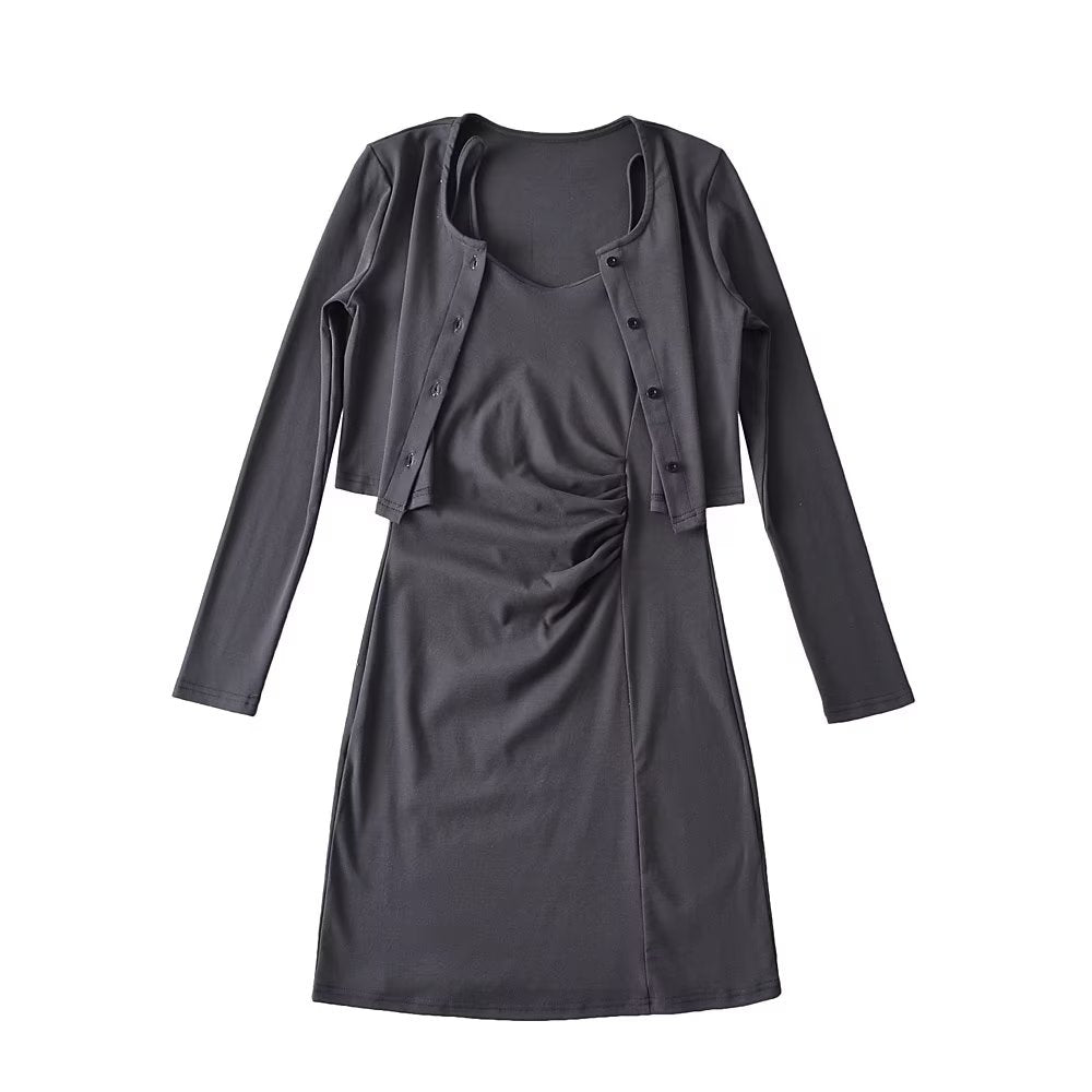 Pure Suit Autumn Winter Short Slim Long Sleeve Cardigan Inner Wear Pleated Cami Dress