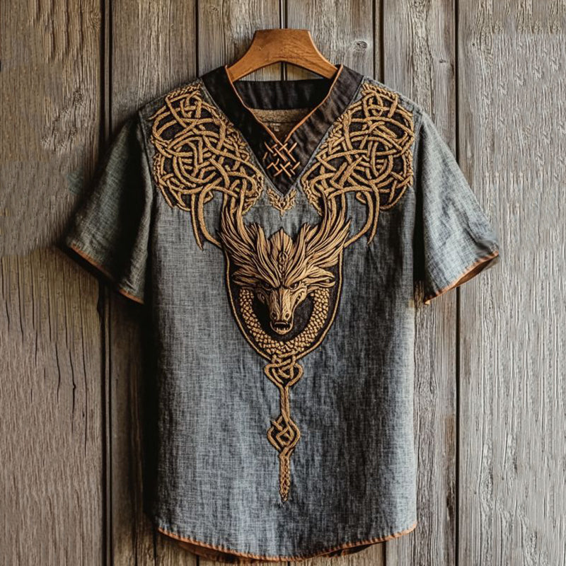Men's Viking Dragon Head Embroidery Linen T Shirt elevenforest