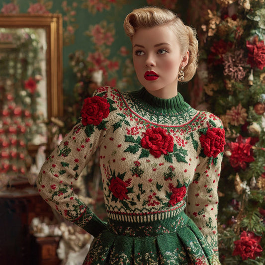 Comstylish Women's Vintage Christmas Rose Fair Isle Holly Leaf Jacquard Sweater