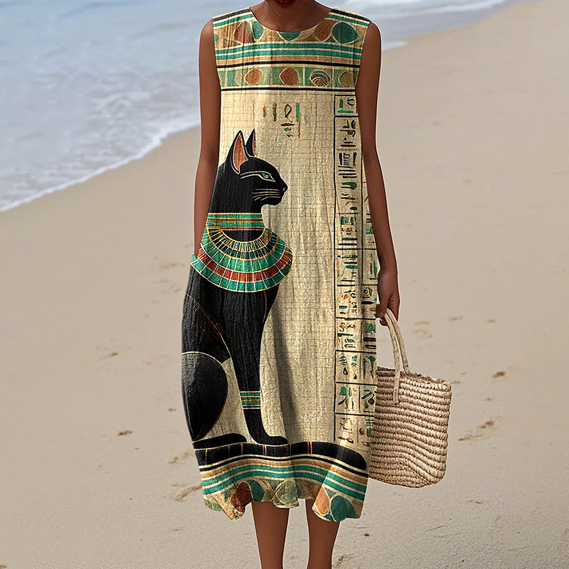 Comstylish Women's Egyptian Buster Cat Art Print Dress