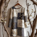 Women's Japanese Floral Patchwork Art Linen Round-neck Dress elevenforest