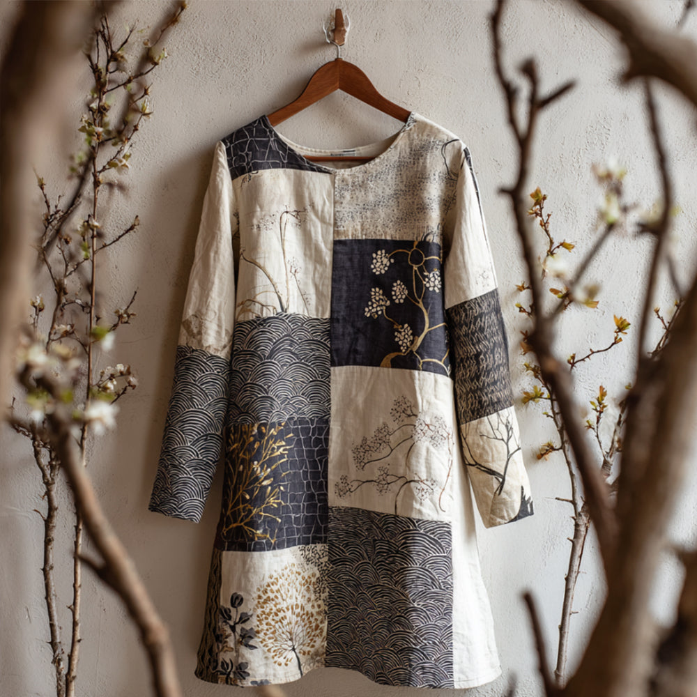 Women's Japanese Floral Patchwork Art Linen Round-neck Dress elevenforest