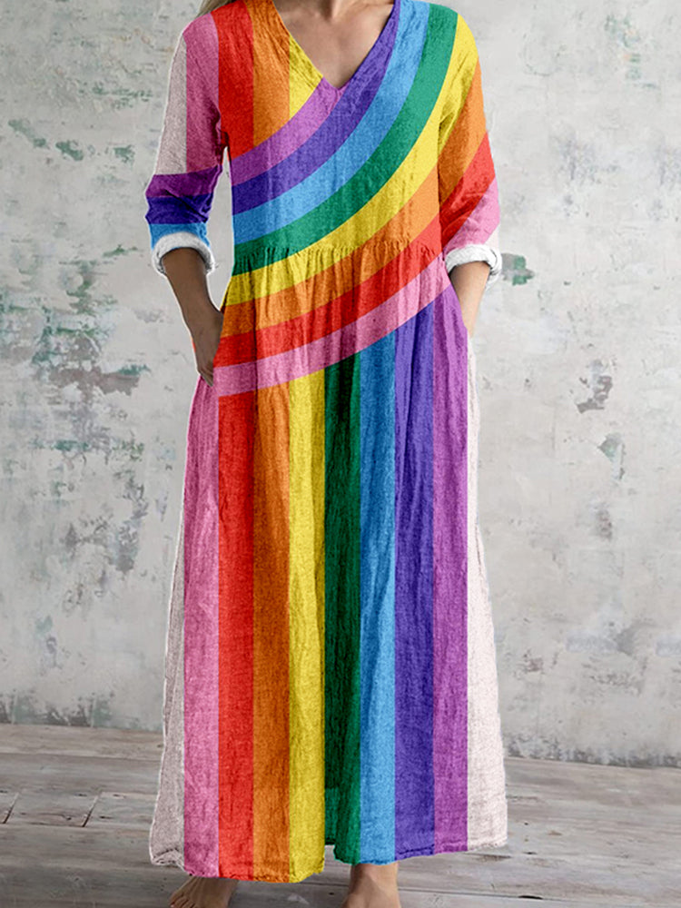 Comstylish Rainbow Pride Pattern Linen Maxi Dress