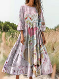 Women's Vintage Heart Patchwork Art Print Flowy Cotton Crew Neck Dress