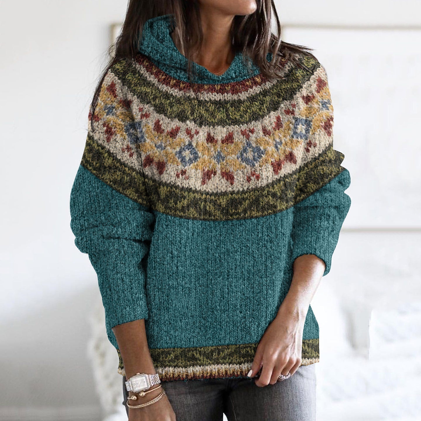 Vintage Contrast Iceland Jacquard Cozy Hoodie Sweater elevenforest