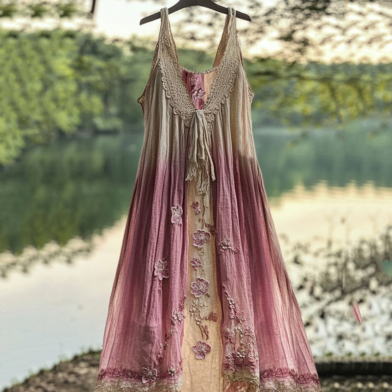 Retro Gradient Japanese Sakura Embroidered Art Lace Linen Dress elevenforest