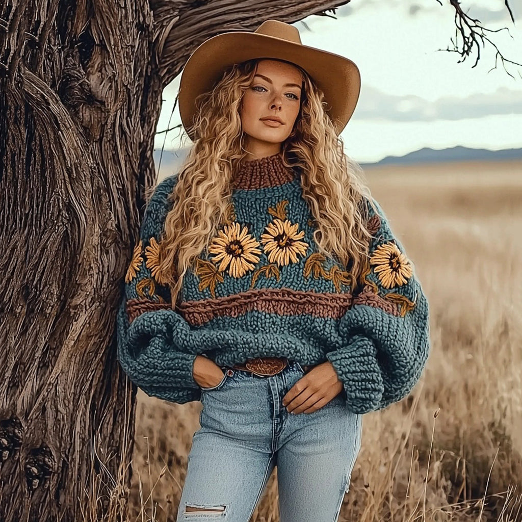 Comstylish Women's Western Vintage Sunflower Floral Cozy Sweater