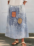 Women's Ethnic Patchwork Art Print Cotton and Linen Pocket Skirt