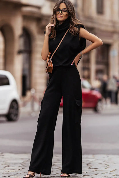 Black High Neck Sleeveless Vest and Cargo Pants Set