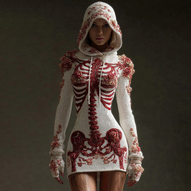 Comstylish Vintage Skeleton Anatomy Roses Hooded Sweater Dress