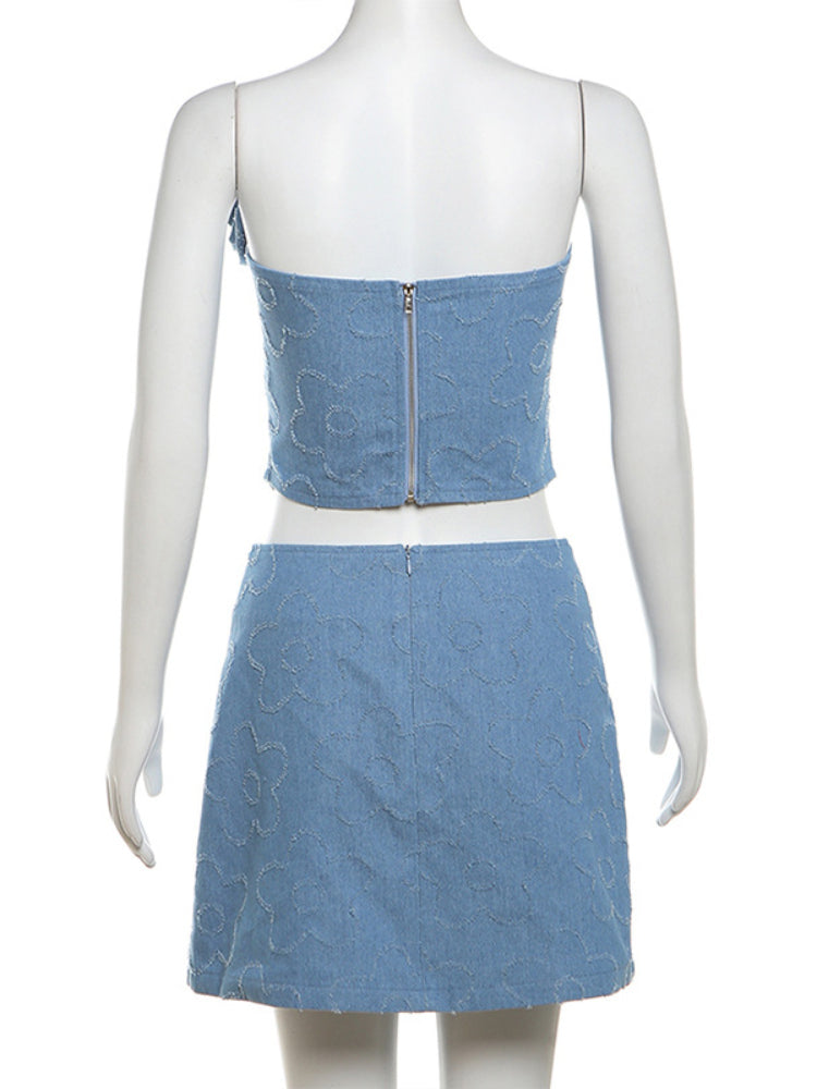Taruxy Denim Dress Sets Off Shoulder Slim Crop Tops Splice Flower Femme Backless Tank Top Skirt 2 Piece Suits