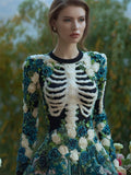 Comstylish Women's Vintage Halloween Skeleton Bones With Rose Art Cozy Knit Mini Sweater Dress