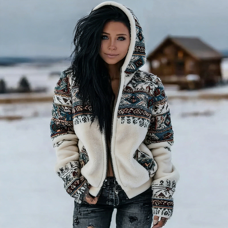 Women's Retro Tribal Totem Pattern Plush Zip-up Hoodie elevenforest