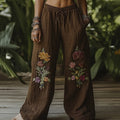 Vintage Bohemian Forest Floral Art Printed Cotton Linen Wide Leg Pants elevenforest