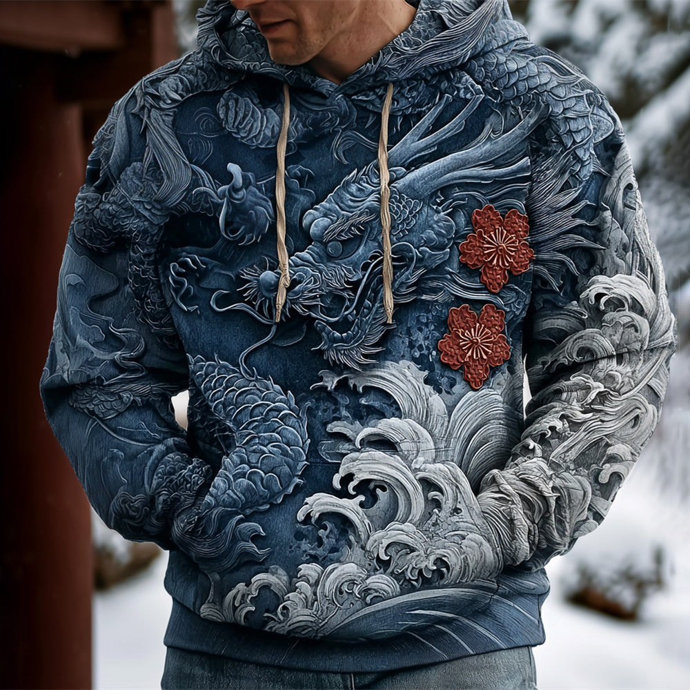 Japanese Dragon & Ocean Art Men's Hooded Sweatshirt elevenforest