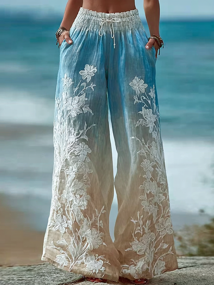Bohemian Style Plant Flower Gradient Color Casual Long Pants elevenforest