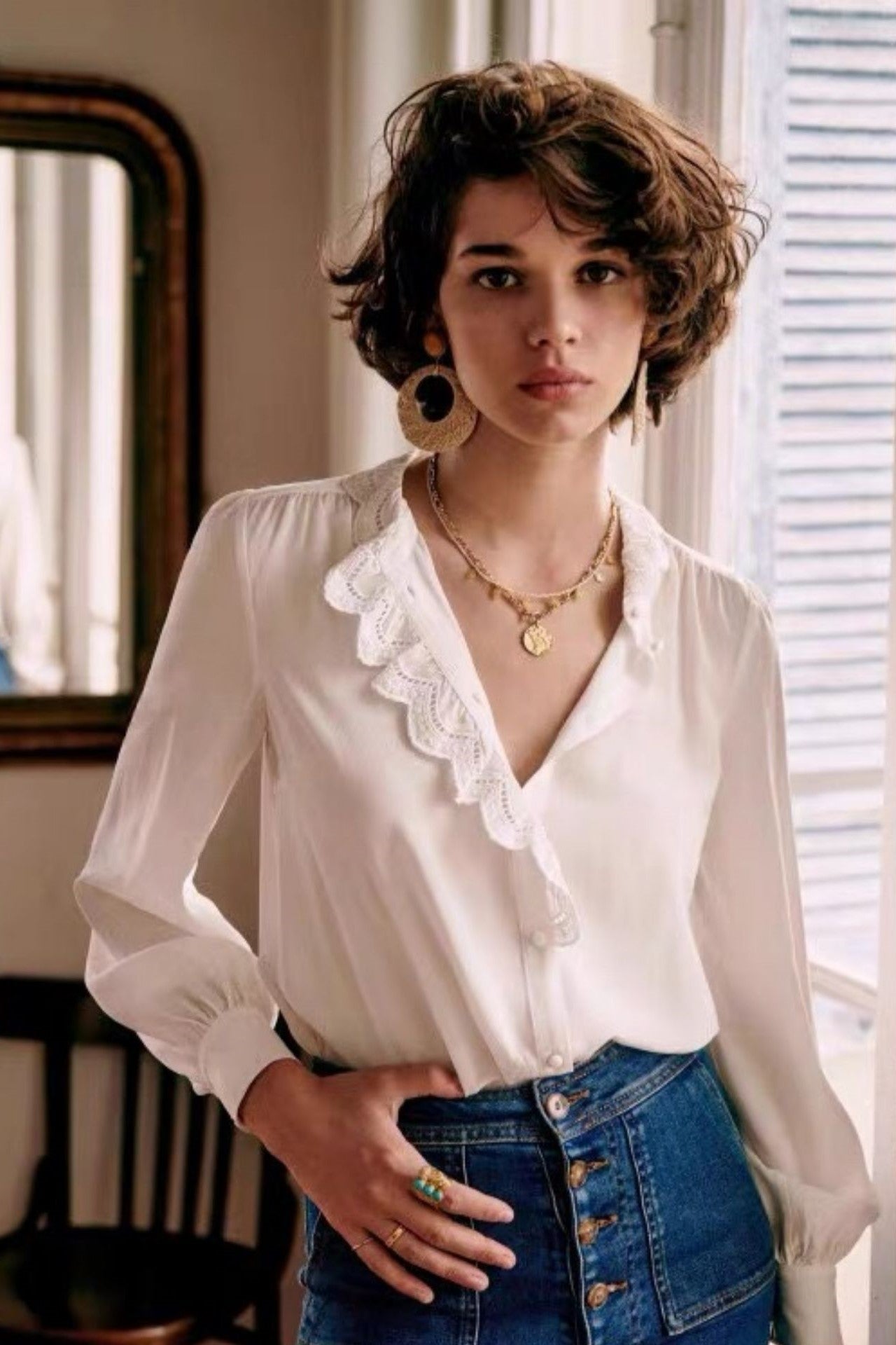 Silk Long Sleeve V-neck Blouse White