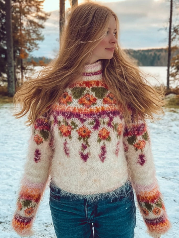 Comstylish Christmas Embroidered Flower Warm Coarse Needle High Neck Sweater
