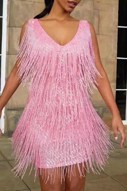 Party Tassel V Neck Vest Dress Dresses(6 Colors)