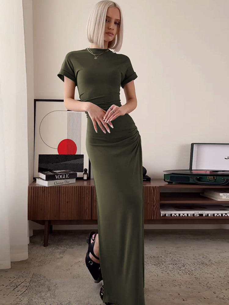 ’s O Neck Maxi Dress Short Sleeve Slim High Waist Dress Side Slit Evening Club Bodycon Dress Lady