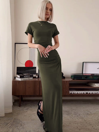 ’s O Neck Maxi Dress Short Sleeve Slim High Waist Dress Side Slit Evening Club Bodycon Dress Lady