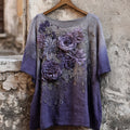 Vintage Purple Roses Embroidered Gradient Linen Tunic elevenforest