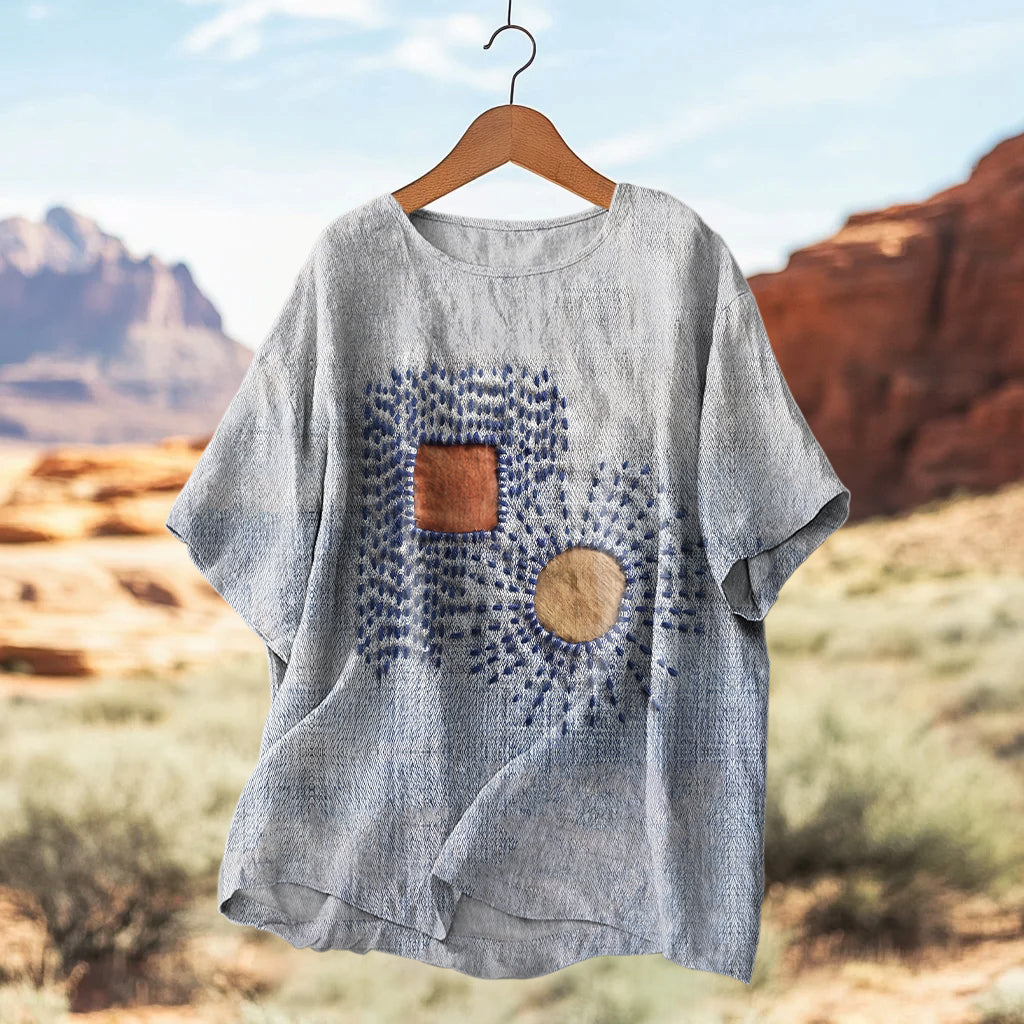 Women's Vintage Patchwork Art Print Casual Linen Shirt elevenforest