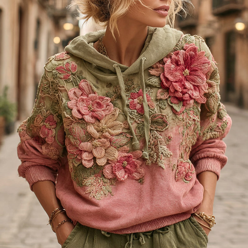 Women's Bohemian Floral Colorblock Casual Comfort Hooded Sweatshirt elevenforest