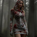 Comstylish Women's Vintage Red Rose Skeleton Art Knit Hooded Mini Sweater Dress