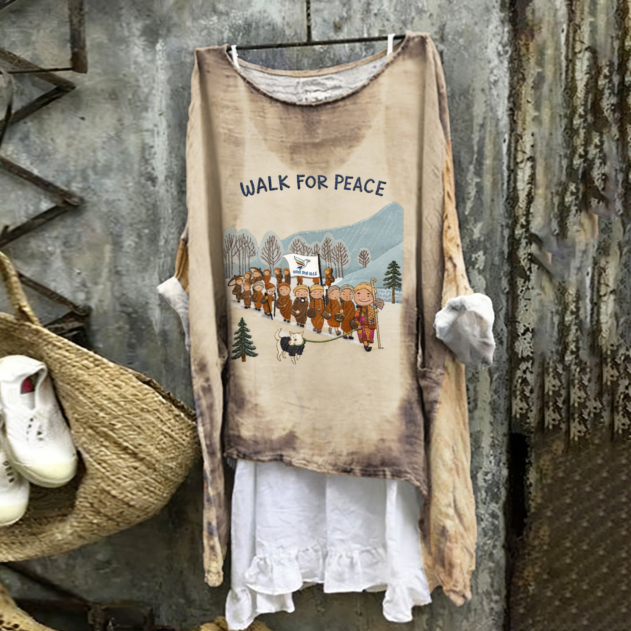 Comstylish Walk For Peace Aloka Dog In Tie Dye Art Linen Tunic