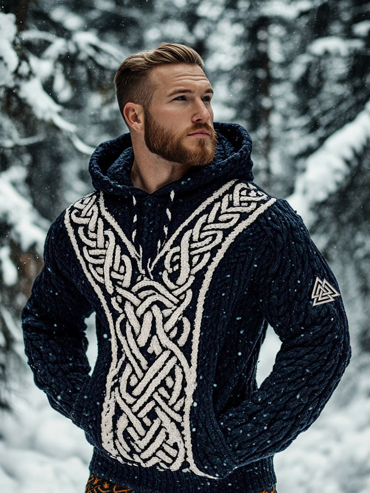 Men's Viking Tribal Jacquard Celtic Inspired Chunky Knit Hooded Sweater elevenforest